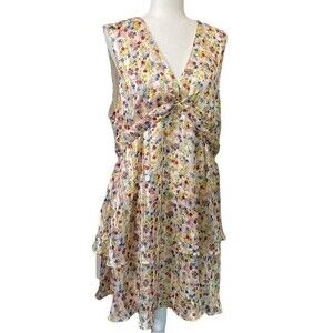 Banana Republic Floral Sleeveless Fit & Flare Dress Ruffle Tiered V-Neck Lined